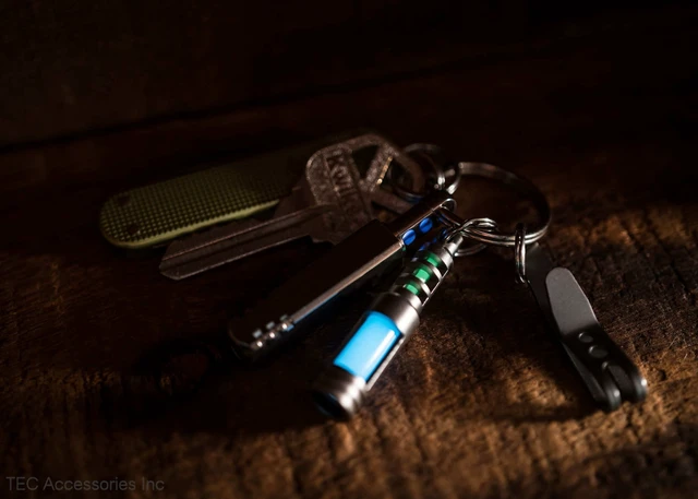 Alt view image 3 of 7 - Isotope Chain Reaction Fob - Hybrid Embrite Glow Fob Pellet (Aqua) and Stainless Steel Housing for 3x11mm Tritium Vial - EDC Tritium Keychain Accessory - Cool Keychains Accessories