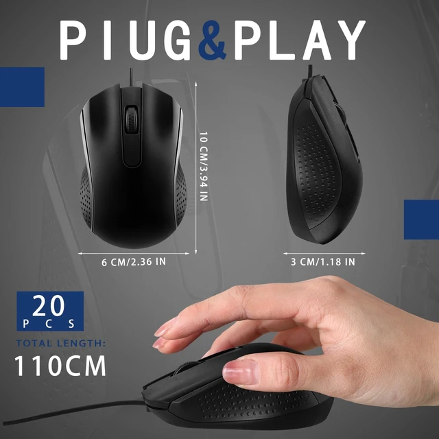 Alt view image 2 of 6 - 20 Pcs Wired USB Computer Mouse Bulk, 3-Button Corded for PC | Plug and Play USB, Textured Grip, Perfect for Office School Home Bulk Supply, Works with Laptop Desktop Computer