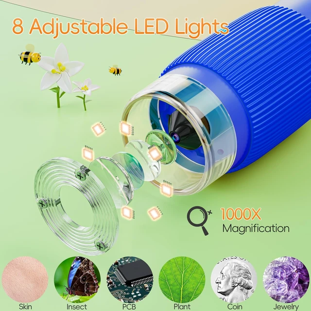 Alt view image 3 of 7 - Microscope for Kids, 2" IPS Screen 1000X Handheld Digital Microscopes HD Pocket Portable Mini USB Microscope Camera, PC Compatible, Science Edu Fun Birthday Gifts Toys for Children Students