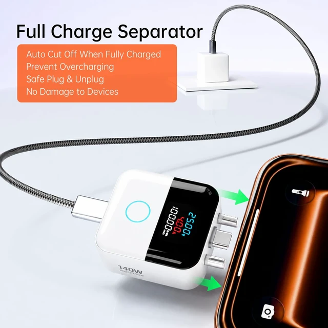 Alt view image 2 of 6 - Smart Auto Stop Charging Adapter,140W PD Fast Charging,Digital Power Meter Display,Overcharge Protection,Full Charge Auto Cut Off