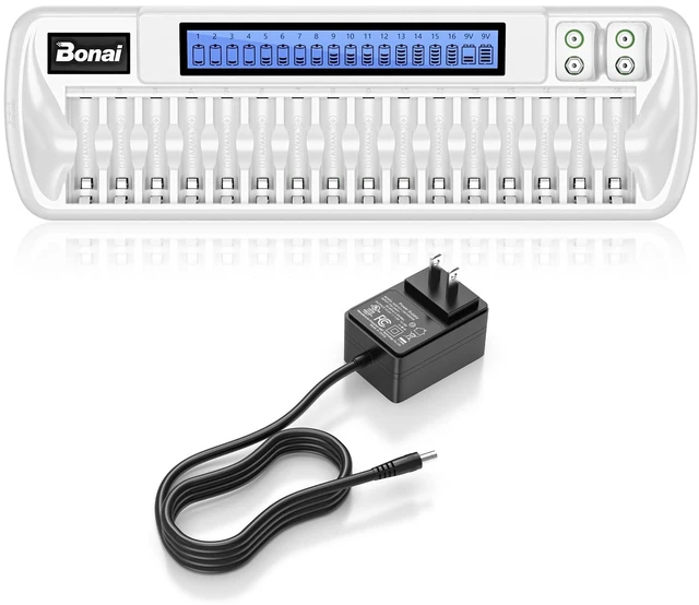 Main image of 16+2 Bay AA AAA 9V Battery Charger for NiMH Rechargeable Batteries Independent Control with Smart LCD Display and AC Wall Adapter, Battery not Included - White