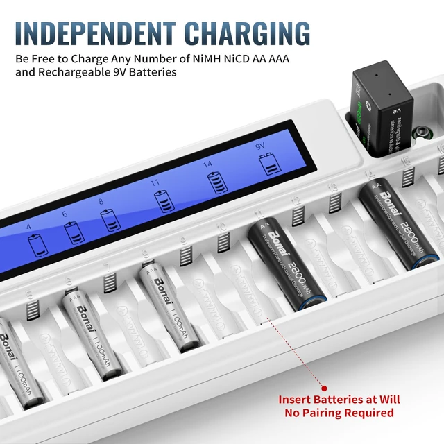 Alt view image 3 of 7 - 16+2 Bay AA AAA 9V Battery Charger for NiMH Rechargeable Batteries Independent Control with Smart LCD Display and AC Wall Adapter, Battery not Included - White