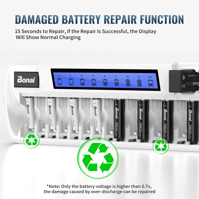 Alt view image 5 of 7 - 16+2 Bay AA AAA 9V Battery Charger for NiMH Rechargeable Batteries Independent Control with Smart LCD Display and AC Wall Adapter, Battery not Included - White