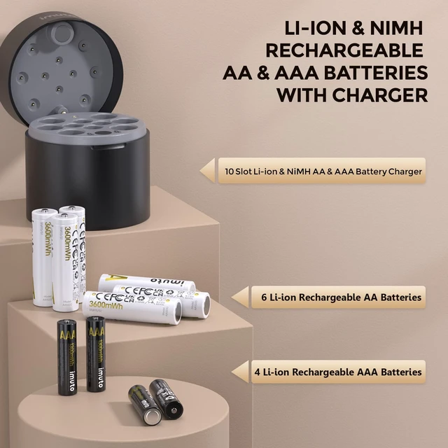 Alt view image 2 of 7 - AA & AAA Rechargeable Batteries with Charger, 6 AA + 4 AAA, Li-ion | 3600mWh AA & 1300mWh AAA, 1.5V constant output, 2500 recharge cycles, smart charger for AA/AAA Li-ion & NiMH batteries