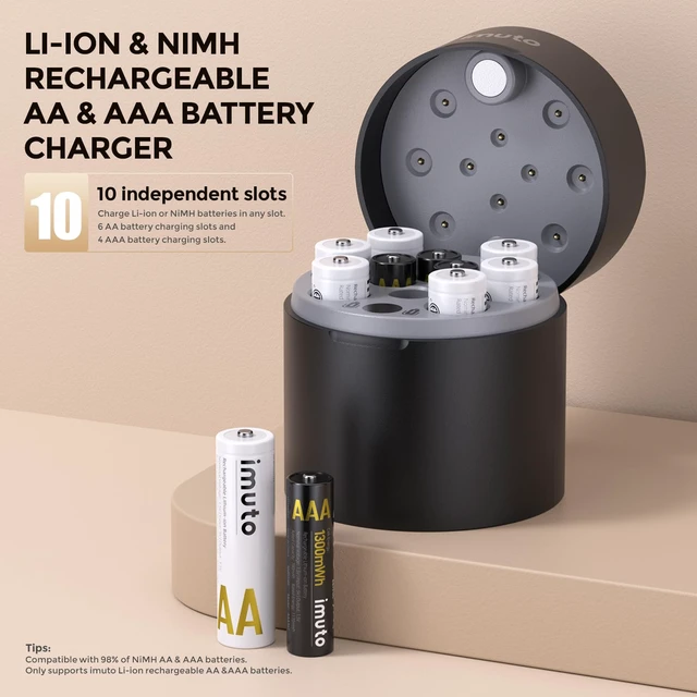 Alt view image 3 of 7 - AA & AAA Rechargeable Batteries with Charger, 6 AA + 4 AAA, Li-ion | 3600mWh AA & 1300mWh AAA, 1.5V constant output, 2500 recharge cycles, smart charger for AA/AAA Li-ion & NiMH batteries
