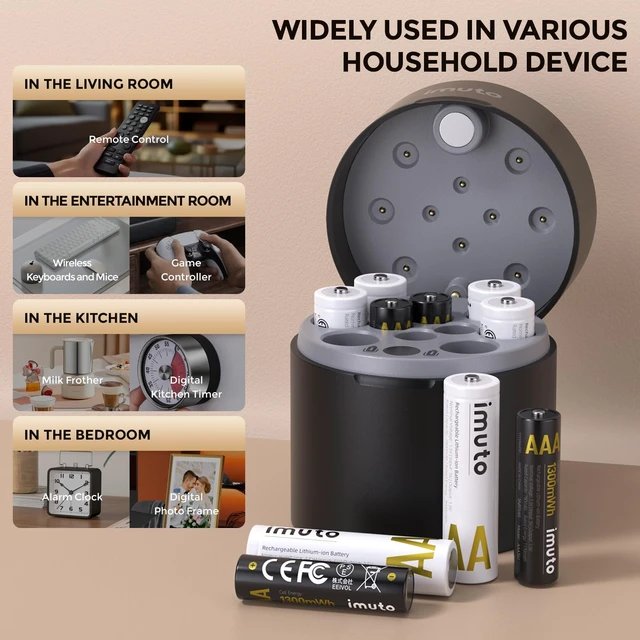 Alt view image 6 of 7 - AA & AAA Rechargeable Batteries with Charger, 6 AA + 4 AAA, Li-ion | 3600mWh AA & 1300mWh AAA, 1.5V constant output, 2500 recharge cycles, smart charger for AA/AAA Li-ion & NiMH batteries