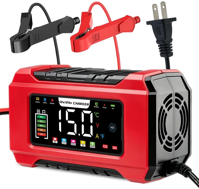 Main image of 15-Amp Car Battery Charger, 12V/24V Smart Trickle Charger | Battery Maintainer & Desulfator Temperature Compensation 9 Stage Charging for Car Truck Motorcycle Boat LiFePO4 Lead Acid
