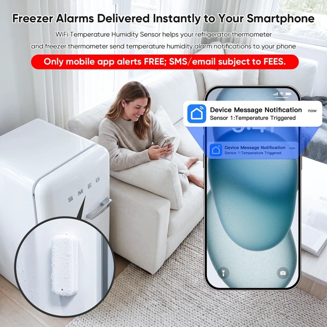 Alt view image 3 of 7 - WiFi Freezer Thermometer with App Alarm, 2 Wireless Sensors Fridge Monitor | Free App Notifications, Only Support 2.4GHz Wi-Fi, Ideal for freezers, fridges, or cold storage.