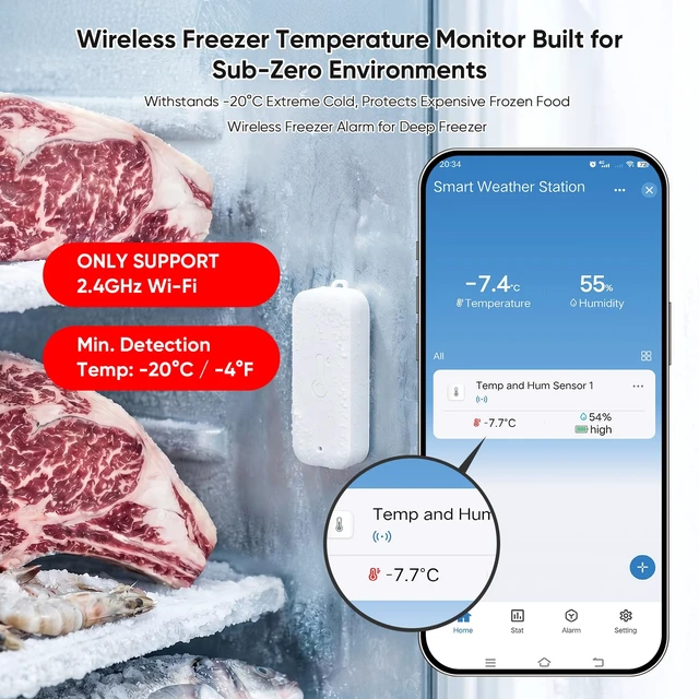 Alt view image 2 of 7 - WiFi Freezer Thermometer with App Alarm, 2 Wireless Sensors Fridge Monitor | Free App Notifications, Only Support 2.4GHz Wi-Fi, Ideal for freezers, fridges, or cold storage.
