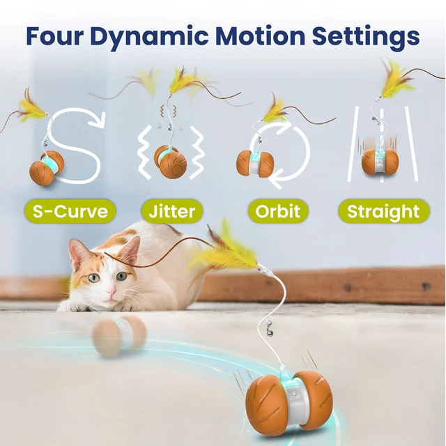 Alt view image 2 of 7 - Feather Tail Rechargeable Spinner Chasers Cat Toy, Orange | Interactive Self-Rolling Moving Cat Toy with 3 Speed Modes, Feather & Bell Attachments