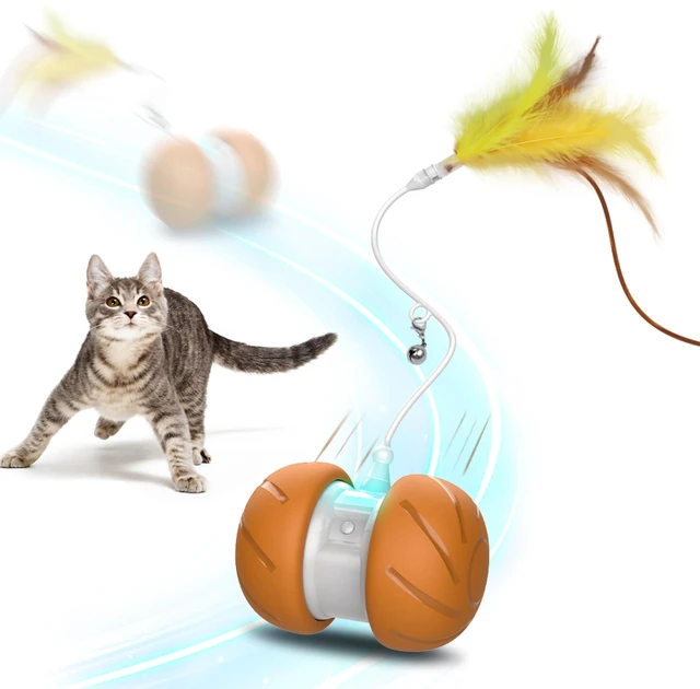 Main image of Feather Tail Rechargeable Spinner Chasers Cat Toy, Orange | Interactive Self-Rolling Moving Cat Toy with 3 Speed Modes, Feather & Bell Attachments
