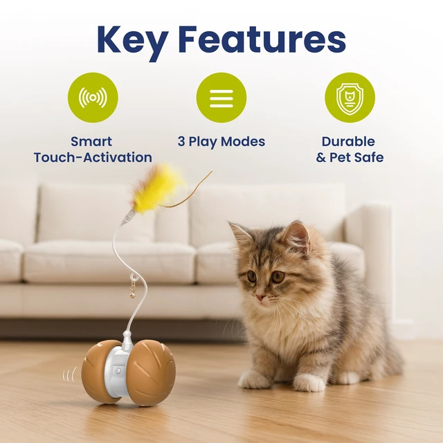 Alt view image 3 of 7 - Feather Tail Rechargeable Spinner Chasers Cat Toy, Orange | Interactive Self-Rolling Moving Cat Toy with 3 Speed Modes, Feather & Bell Attachments