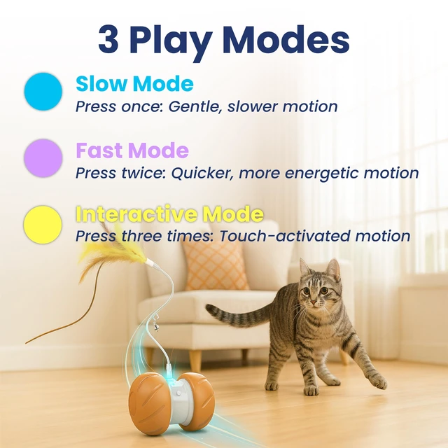 Alt view image 4 of 7 - Feather Tail Rechargeable Spinner Chasers Cat Toy, Orange | Interactive Self-Rolling Moving Cat Toy with 3 Speed Modes, Feather & Bell Attachments