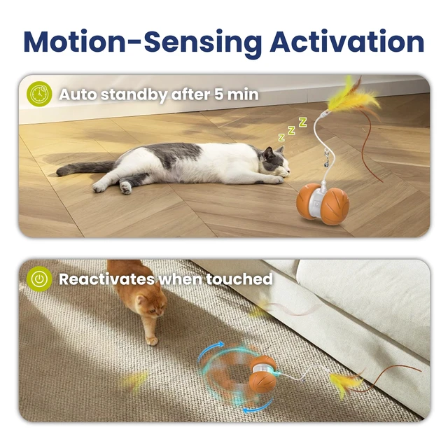 Alt view image 5 of 7 - Feather Tail Rechargeable Spinner Chasers Cat Toy, Orange | Interactive Self-Rolling Moving Cat Toy with 3 Speed Modes, Feather & Bell Attachments