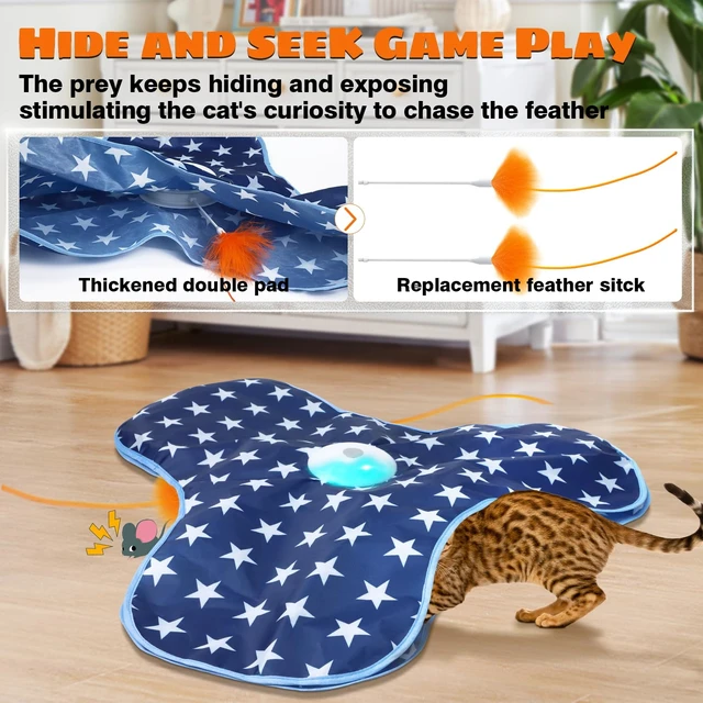 Alt view image 3 of 7 - Cat Toys Interactive Hide and Seek Cat Game | Mouse Chirping, Motion Activated Cat Toys with Moving Concealed Feathers Wand USB Rechargeable