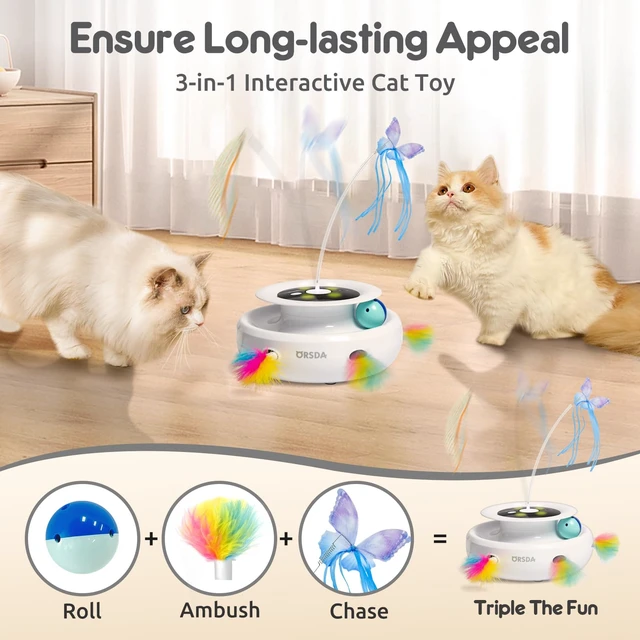 Alt view image 2 of 6 - Cat Toy, 3-in-1 Automatic Interactive Electronic Moving Ambush Feather, Fluttering Butterfly, Track Balls, USB Rechargeable Powered Smart Indoor Exercise Kicker