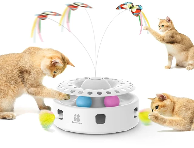 Main image of Cat Toys 3in1 Automatic Interactive Kitten Toy, Fluttering Butterfly, Moving Feather, Track Balls, Dual Power Supplies, USB Powered, Indoor Exercise Kicker (Bright White)