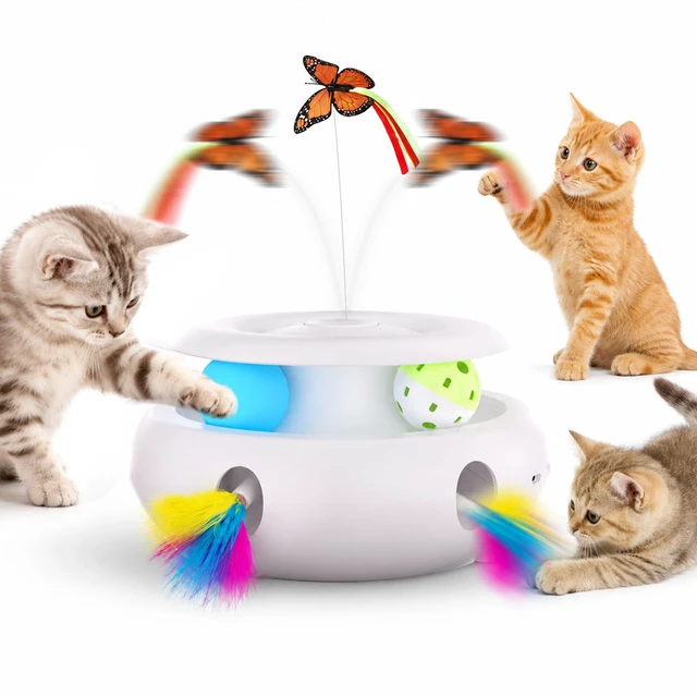 Main image of 3-in-1 Interactive Cat Toy for Indoor Cats, White | Rechargeable Automatic, Fluttering Butterfly, Moving Feather, Smart Sensor 6 Holes Whack-A-Mole, Track Balls