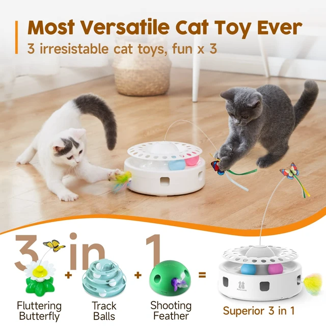 Alt view image 2 of 6 - Cat Toys 3in1 Automatic Interactive Kitten Toy, Fluttering Butterfly, Moving Feather, Track Balls, Dual Power Supplies, USB Powered, Indoor Exercise Kicker (Bright White)