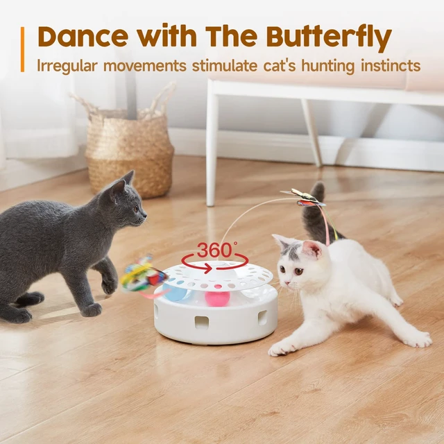 Alt view image 3 of 6 - Cat Toys 3in1 Automatic Interactive Kitten Toy, Fluttering Butterfly, Moving Feather, Track Balls, Dual Power Supplies, USB Powered, Indoor Exercise Kicker (Bright White)