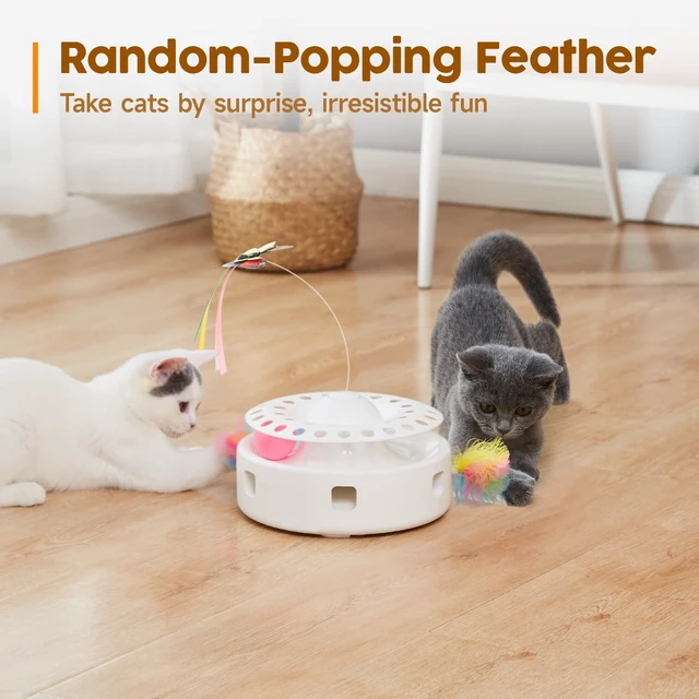 Alt view image 4 of 6 - Cat Toys 3in1 Automatic Interactive Kitten Toy, Fluttering Butterfly, Moving Feather, Track Balls, Dual Power Supplies, USB Powered, Indoor Exercise Kicker (Bright White)