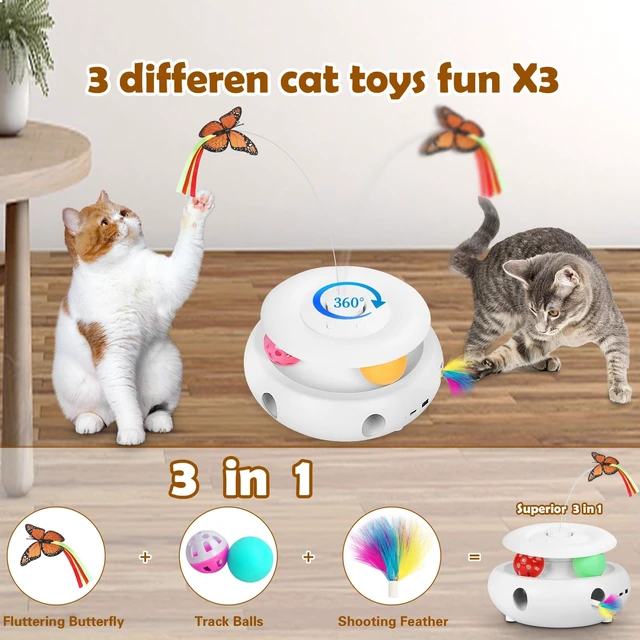 Alt view image 3 of 6 - 3-in-1 Interactive Cat Toy for Indoor Cats, White | Rechargeable Automatic, Fluttering Butterfly, Moving Feather, Smart Sensor 6 Holes Whack-A-Mole, Track Balls