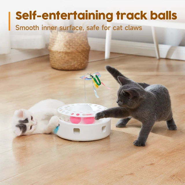 Alt view image 5 of 6 - Cat Toys 3in1 Automatic Interactive Kitten Toy, Fluttering Butterfly, Moving Feather, Track Balls, Dual Power Supplies, USB Powered, Indoor Exercise Kicker (Bright White)