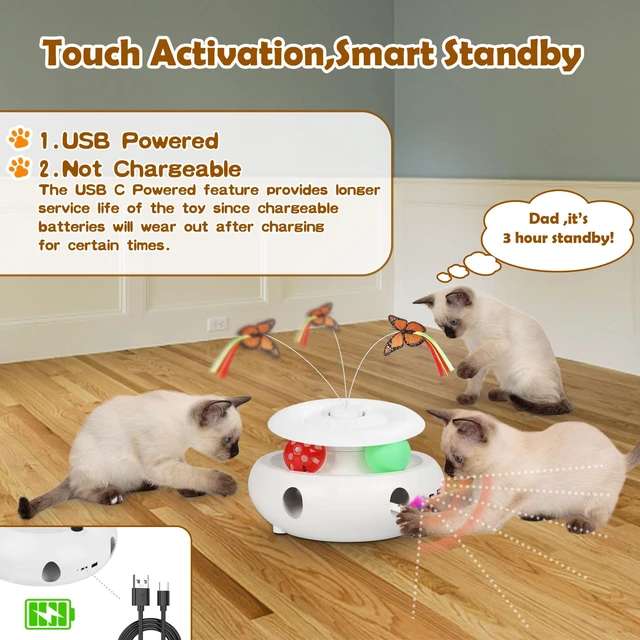 Alt view image 4 of 6 - 3-in-1 Interactive Cat Toy for Indoor Cats, White | Rechargeable Automatic, Fluttering Butterfly, Moving Feather, Smart Sensor 6 Holes Whack-A-Mole, Track Balls