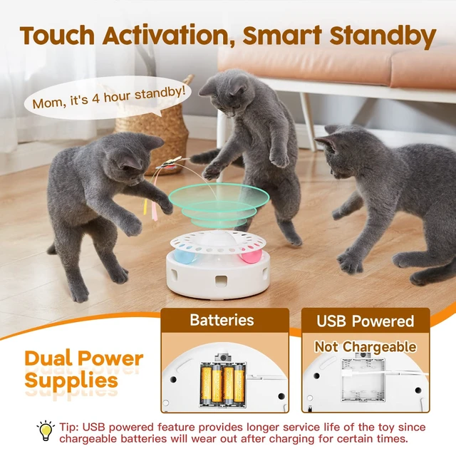 Alt view image 6 of 6 - Cat Toys 3in1 Automatic Interactive Kitten Toy, Fluttering Butterfly, Moving Feather, Track Balls, Dual Power Supplies, USB Powered, Indoor Exercise Kicker (Bright White)