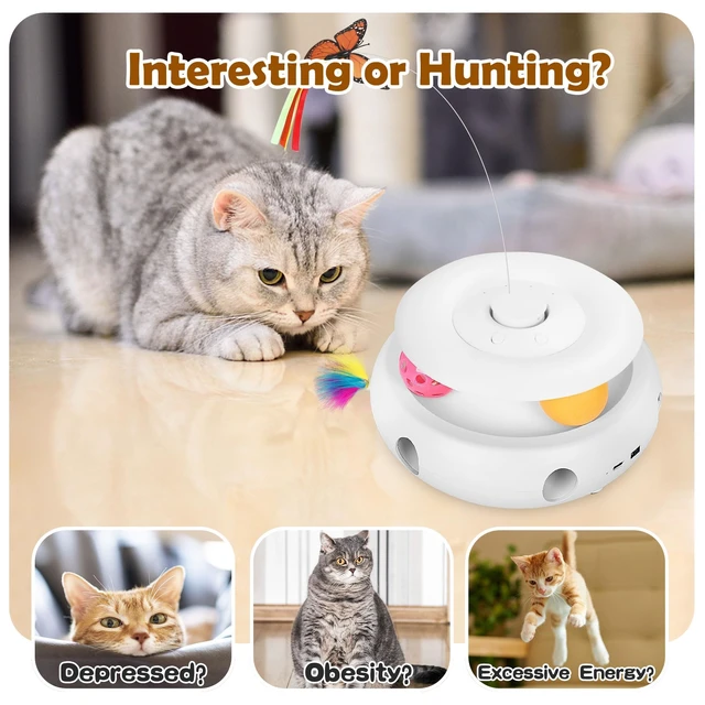 Alt view image 2 of 6 - 3-in-1 Interactive Cat Toy for Indoor Cats, White | Rechargeable Automatic, Fluttering Butterfly, Moving Feather, Smart Sensor 6 Holes Whack-A-Mole, Track Balls