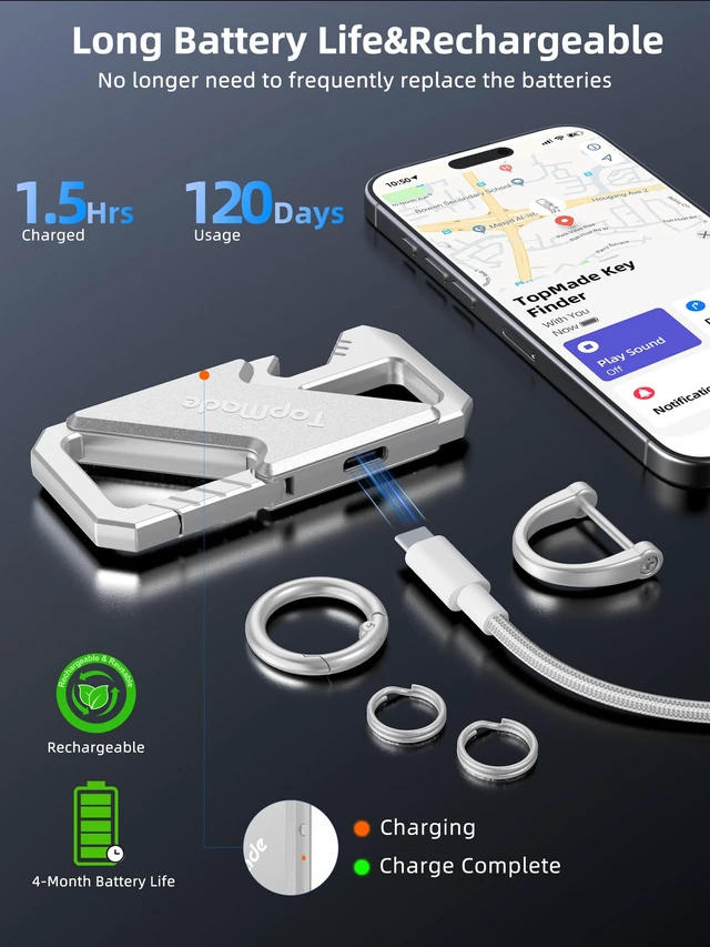 Alt view image 4 of 7 - Keychain, Fob Key Chain Holder, Find My Keys Tracker Carabiner Car Keychain | Heavy Duty keychains for men, keychain Bottle Opener Bluetooth, Rechargeable Anti-Lost Keys Tracker Smart Keychain Finder