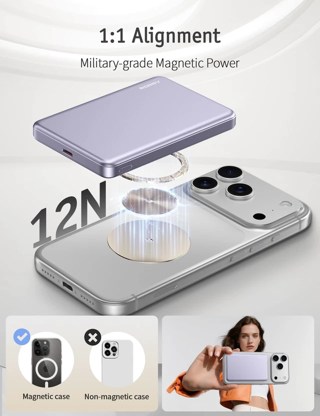 Alt view image 4 of 7 - for Magsafe Portable Charger, 10000mAh Magnetic Power Bank, Purple | 0.5" Ultra Slim, 22.5W Wireless Fast Charging, Alloy-Made, USB C Battery Pack for iPhone 17/16/15 Plus Pro Max