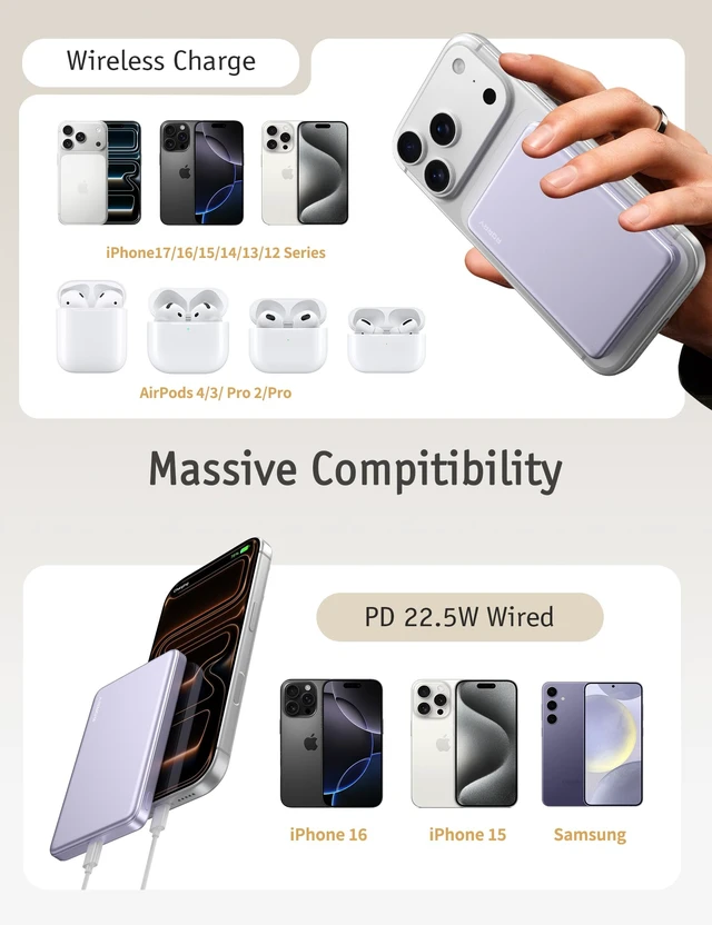 Alt view image 6 of 7 - for Magsafe Portable Charger, 10000mAh Magnetic Power Bank, Purple | 0.5" Ultra Slim, 22.5W Wireless Fast Charging, Alloy-Made, USB C Battery Pack for iPhone 17/16/15 Plus Pro Max