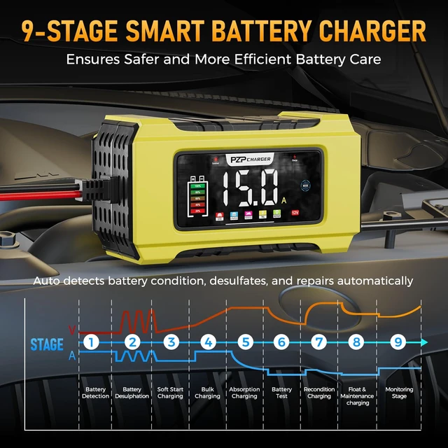 Alt view image 2 of 7 - 15-Amp 12V/24V Smart Battery Charger, Maintainer & Trickle Charger for LiFePO4, Lead Acid Batteries - Fully Automatic 9-Stage Charging w/Temp Compensation for Motorcycle Car Truck Lawnmower Boat