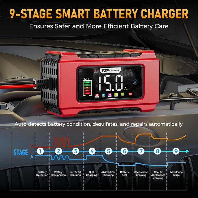 Alt view image 2 of 7 - 15-Amp 12V/24V Smart Battery Charger, Maintainer & Trickle Charger for LiFePO4, Lead Acid Batteries - Fully Automatic 9-Stage Charging w/Temp Compensation for Motorcycle Car Truck Lawnmower Boat