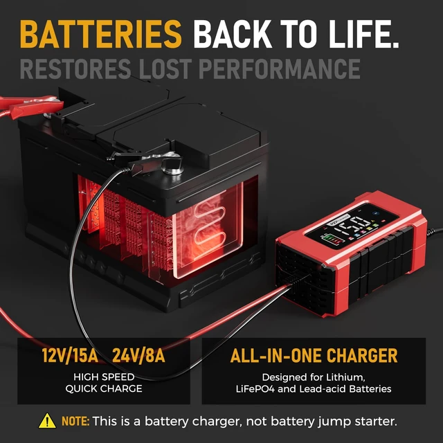 Alt view image 3 of 7 - 15-Amp 12V/24V Smart Battery Charger, Maintainer & Trickle Charger for LiFePO4, Lead Acid Batteries - Fully Automatic 9-Stage Charging w/Temp Compensation for Motorcycle Car Truck Lawnmower Boat
