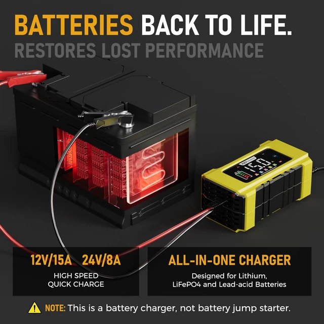 Alt view image 3 of 7 - 15-Amp 12V/24V Smart Battery Charger, Maintainer & Trickle Charger for LiFePO4, Lead Acid Batteries - Fully Automatic 9-Stage Charging w/Temp Compensation for Motorcycle Car Truck Lawnmower Boat