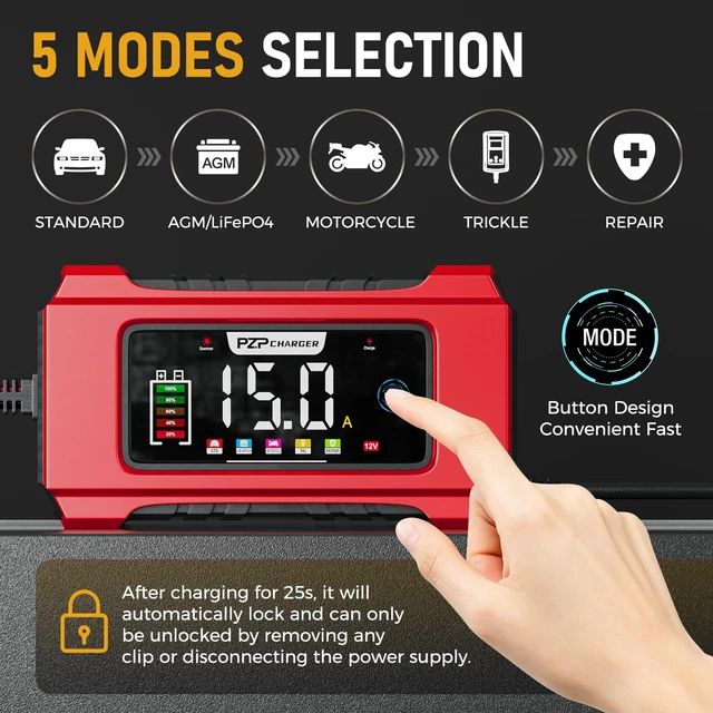 Alt view image 4 of 7 - 15-Amp 12V/24V Smart Battery Charger, Maintainer & Trickle Charger for LiFePO4, Lead Acid Batteries - Fully Automatic 9-Stage Charging w/Temp Compensation for Motorcycle Car Truck Lawnmower Boat