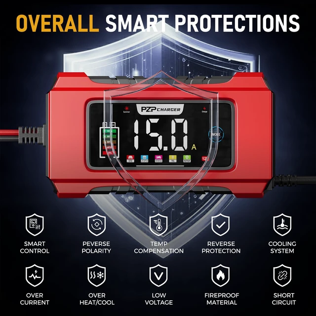 Alt view image 5 of 7 - 15-Amp 12V/24V Smart Battery Charger, Maintainer & Trickle Charger for LiFePO4, Lead Acid Batteries - Fully Automatic 9-Stage Charging w/Temp Compensation for Motorcycle Car Truck Lawnmower Boat