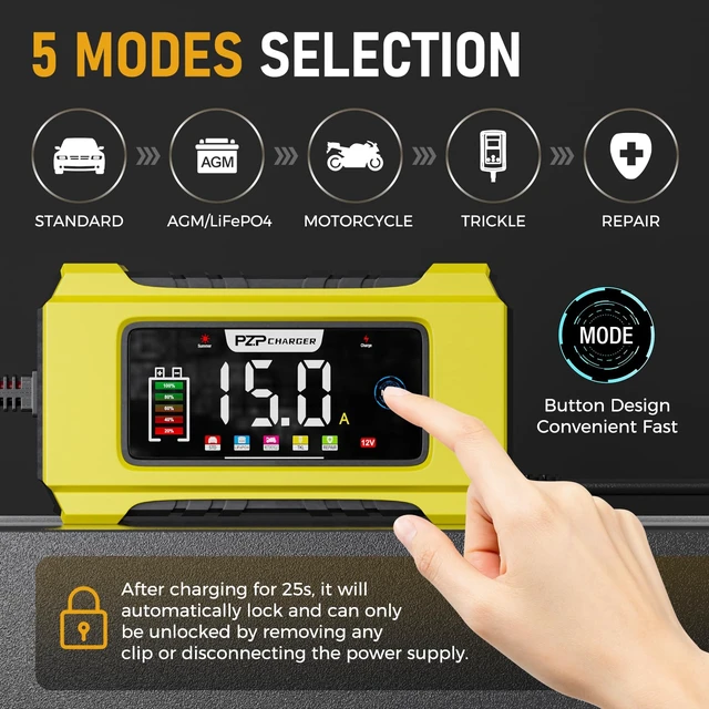 Alt view image 4 of 7 - 15-Amp 12V/24V Smart Battery Charger, Maintainer & Trickle Charger for LiFePO4, Lead Acid Batteries - Fully Automatic 9-Stage Charging w/Temp Compensation for Motorcycle Car Truck Lawnmower Boat