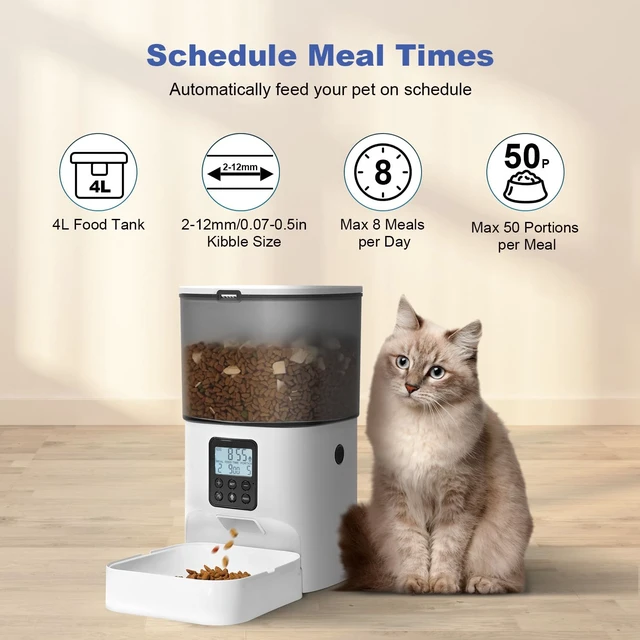 Alt view image 2 of 7 - Automatic Cat Feeder, 4L Cat Food Dispenser with 10s Voice Recorder, Pet Feeder up to 8 Meals per Day, Timed Dog Feeder with Dry Food Sealed Ring