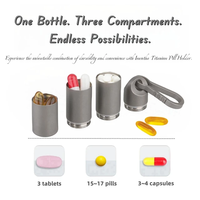 Alt view image 2 of 7 - Titanium Keychain Pill Holder - Waterproof 3-Compartment, Gray | Premium pure titanium with a matching keychain. 3 detachable layers for travel. Odorless, rustproof EDC pill organizer