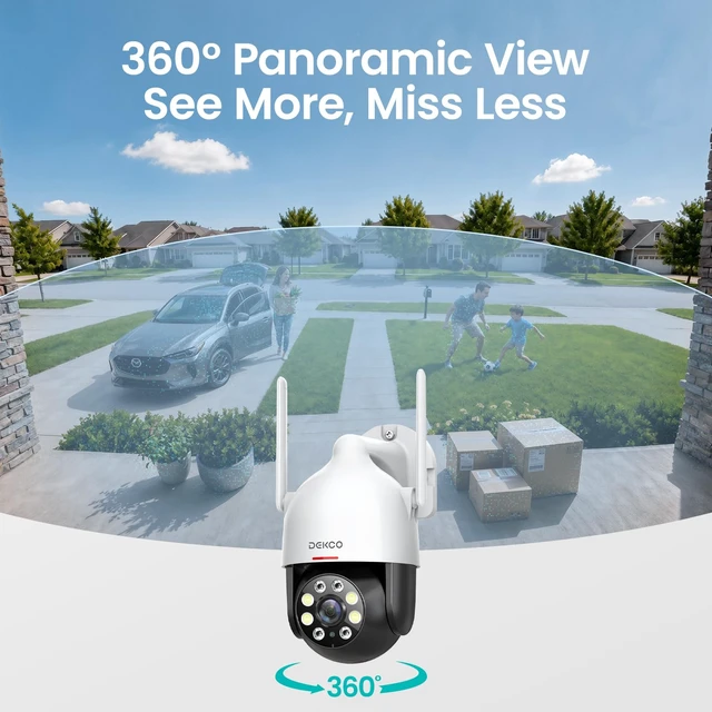 Alt view image 3 of 7 - 2K Outdoor WiFi Security Camera, Plug-in Pan-Tilt Dome | App viewing, motion alerts, siren, 2-way audio and color night vision for front door, garage or yard