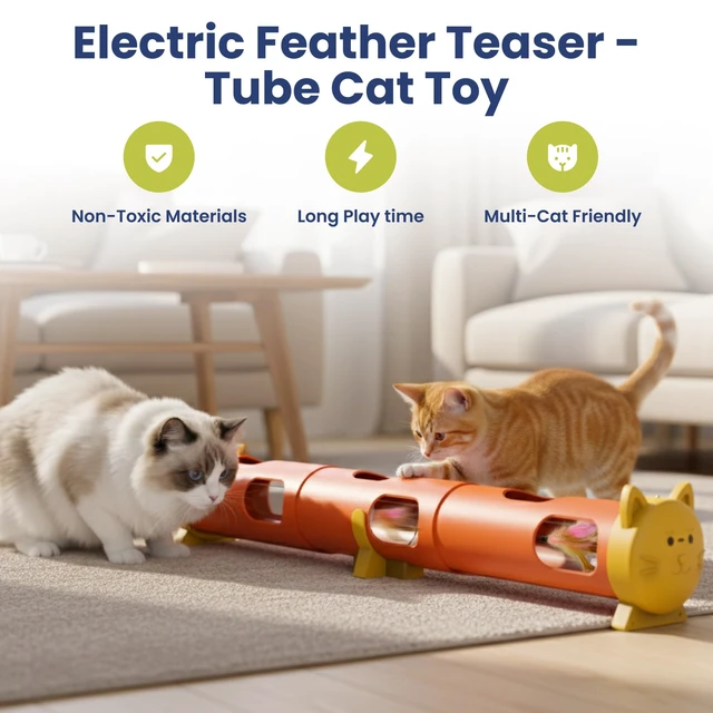Alt view image 2 of 7 - Electric Feather Teaser Tube Cat Toy, Interactive Automatic Cat Toy | Smart Random Feather Play, Long Battery Life, Pet-Safe Materials, Indoor, Large
