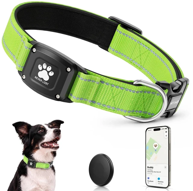 Main image of GPS Dog Collar with Tracker, Waterproof, No Monthly Fee, Green, XS | Works with Apple Find My, iOS Only, MFi Certified, No SIM Card, for Small Dogs, Reflective Padded Nylon, Neck 10.5-13.5 in