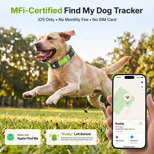 Alt view image 2 of 7 - GPS Dog Collar with Tracker, Waterproof, No Monthly Fee, Green, XS | Works with Apple Find My, iOS Only, MFi Certified, No SIM Card, for Small Dogs, Reflective Padded Nylon, Neck 10.5-13.5 in