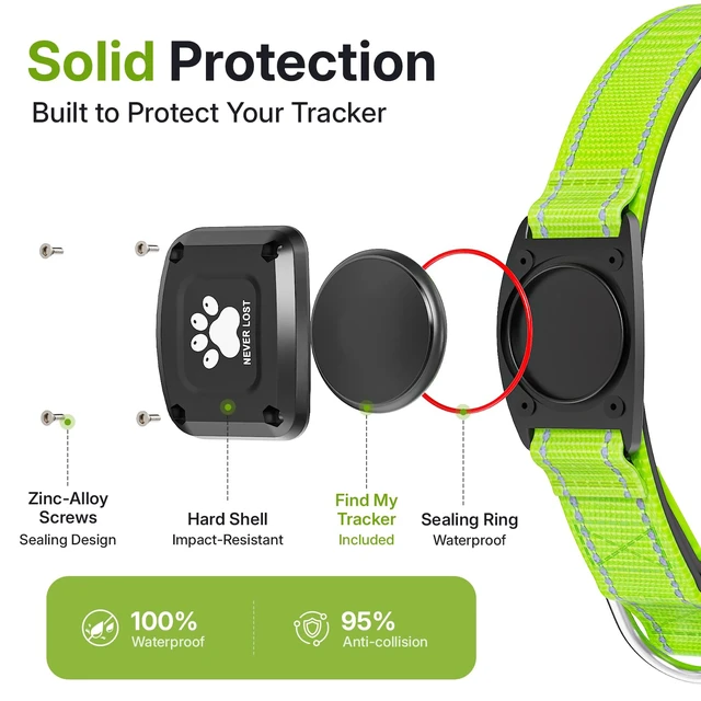 Alt view image 4 of 7 - GPS Dog Collar with Tracker, Waterproof, No Monthly Fee, Green, XS | Works with Apple Find My, iOS Only, MFi Certified, No SIM Card, for Small Dogs, Reflective Padded Nylon, Neck 10.5-13.5 in