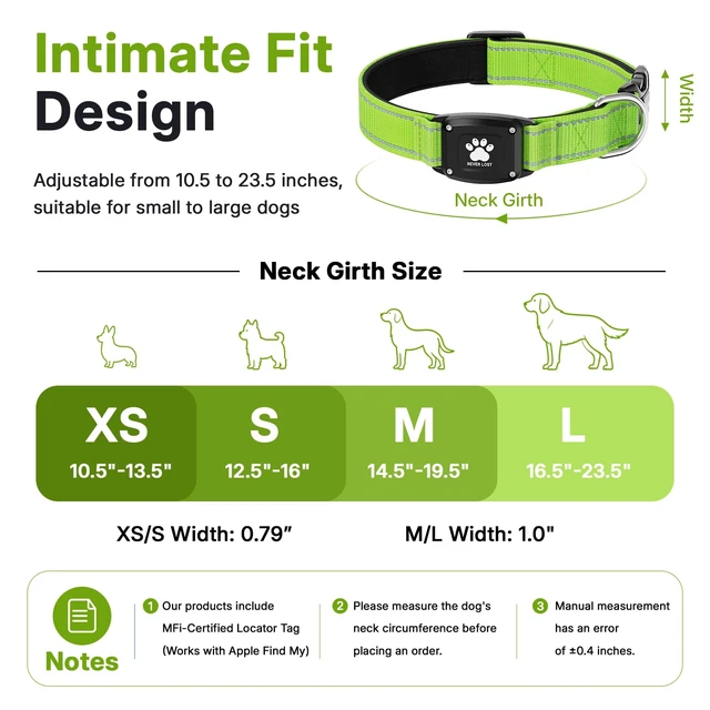 Alt view image 6 of 7 - GPS Dog Collar with Tracker, Waterproof, No Monthly Fee, Green, XS | Works with Apple Find My, iOS Only, MFi Certified, No SIM Card, for Small Dogs, Reflective Padded Nylon, Neck 10.5-13.5 in