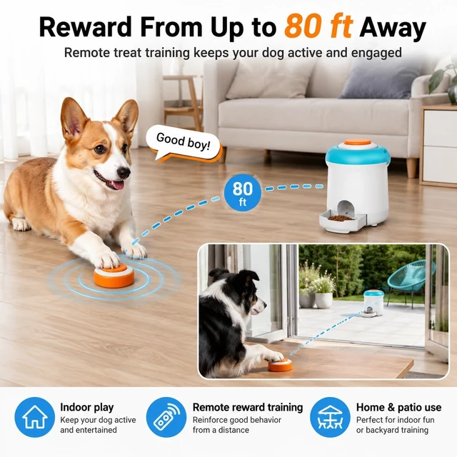 Alt view image 3 of 5 - Interactive Dog Treat Dispenser Toy with Remote Button, Dog Puzzle Feeder & Slow Feeder for Bored Dogs, Mental Stimulation Reward Training Toy with 8 DIY Stickers