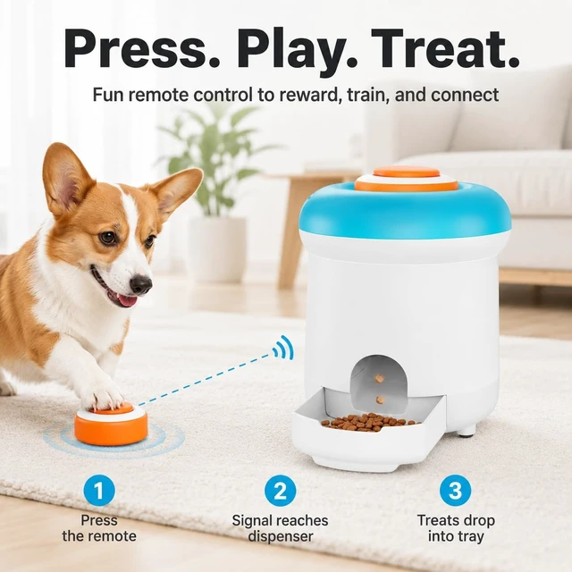 Alt view image 2 of 5 - Interactive Dog Treat Dispenser Toy with Remote Button, Dog Puzzle Feeder & Slow Feeder for Bored Dogs, Mental Stimulation Reward Training Toy with 8 DIY Stickers